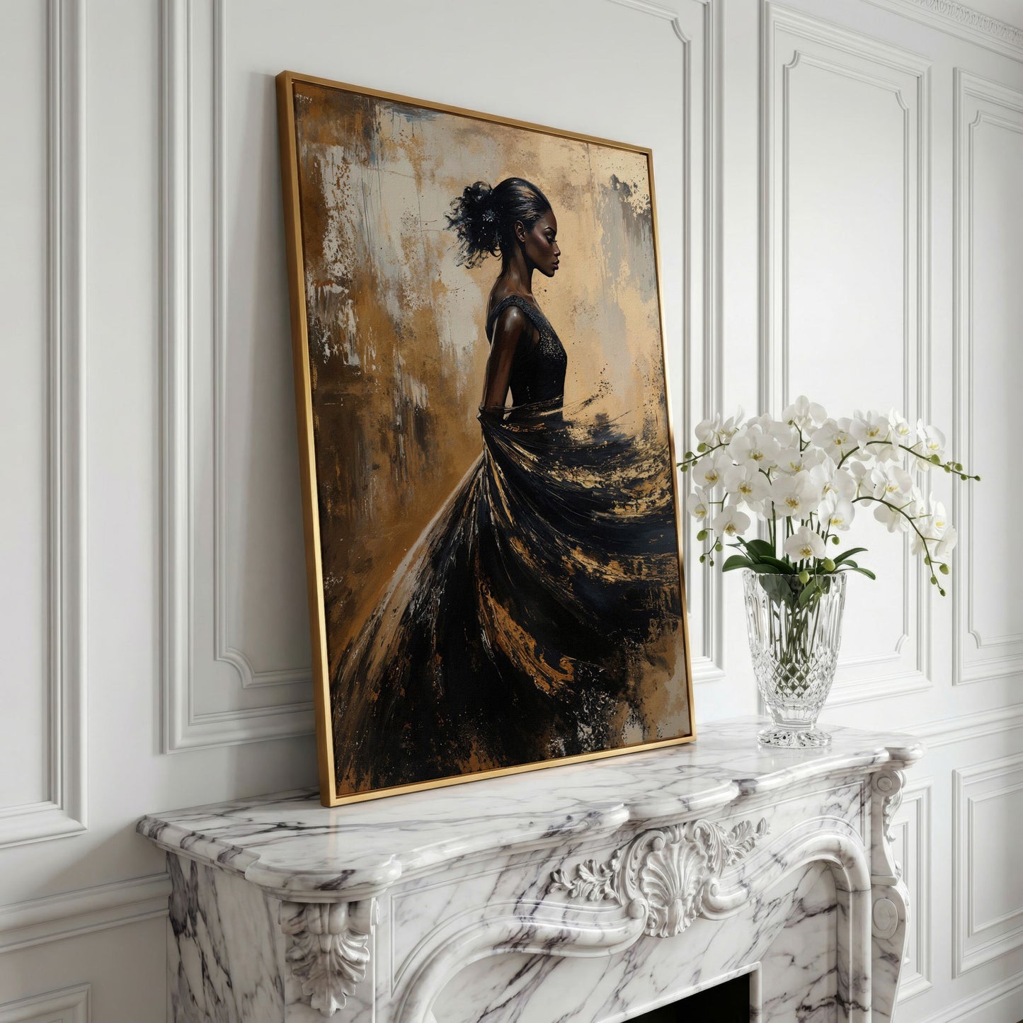 Woman in Flowing Dress Canvas Print in yellow gold floating frame