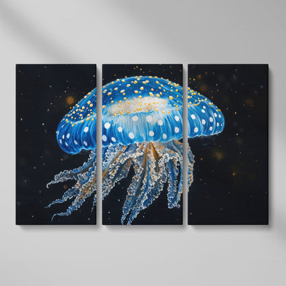 Blue Jellyfish Canvas Print with Drifting Tentacles as 3-panel split version