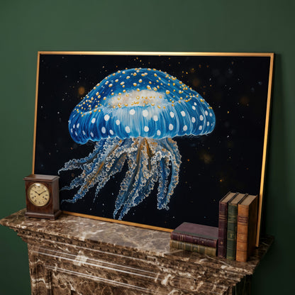 Blue Jellyfish Canvas Print with Drifting Tentacles in antique gold floating frame