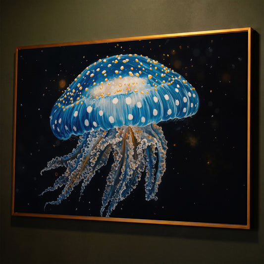 Blue Jellyfish Canvas Print with Drifting Tentacles shown in antique gold floating frame