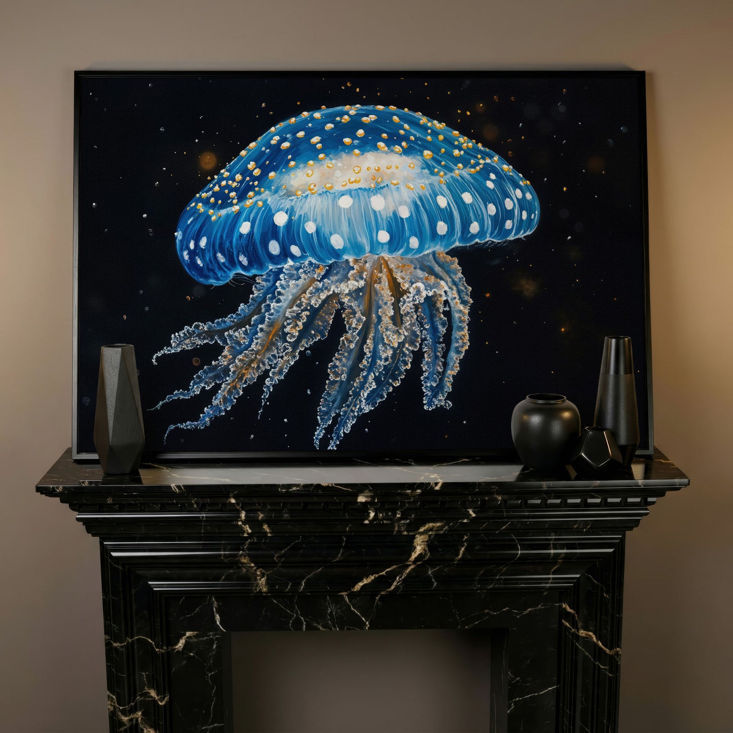 Blue Jellyfish Canvas Print with Drifting Tentacles in black floating frame