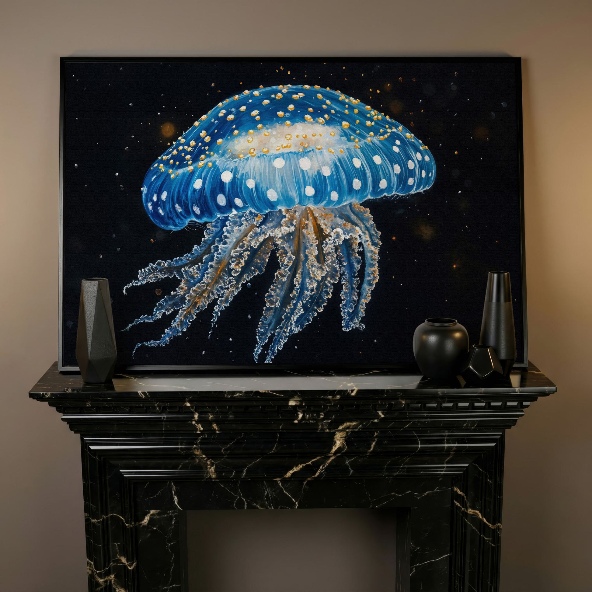 Blue Jellyfish Canvas Print with Drifting Tentacles in black floating frame