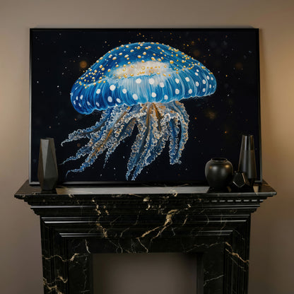 Blue Jellyfish Canvas Print with Drifting Tentacles in black floating frame