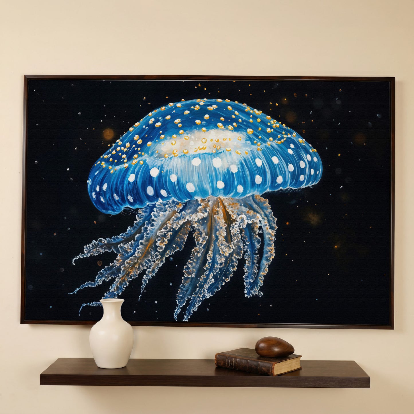 Blue Jellyfish Canvas Print with Drifting Tentacles in dark walnut floating frame