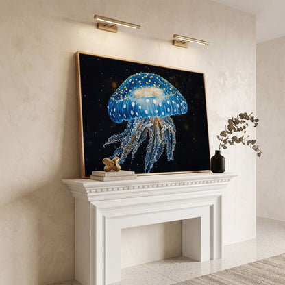 Blue Jellyfish Canvas Print with Drifting Tentacles in white oak floating frame