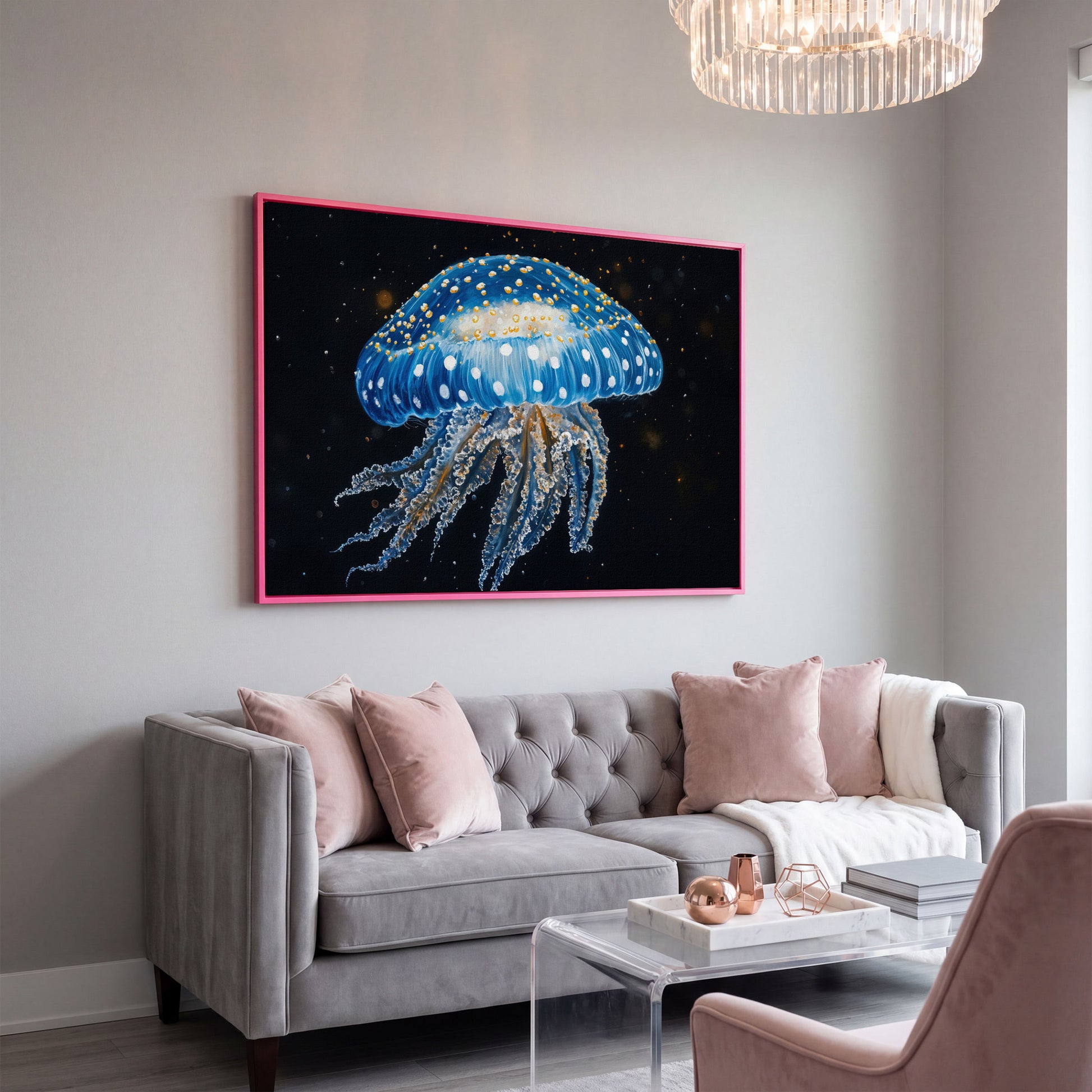 Blue Jellyfish Canvas Print with Drifting Tentacles in pink floating frame