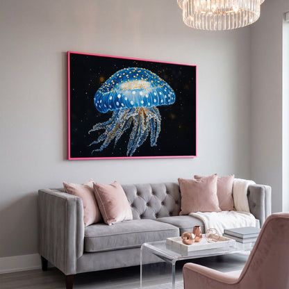 Blue Jellyfish Canvas Print with Drifting Tentacles in pink floating frame
