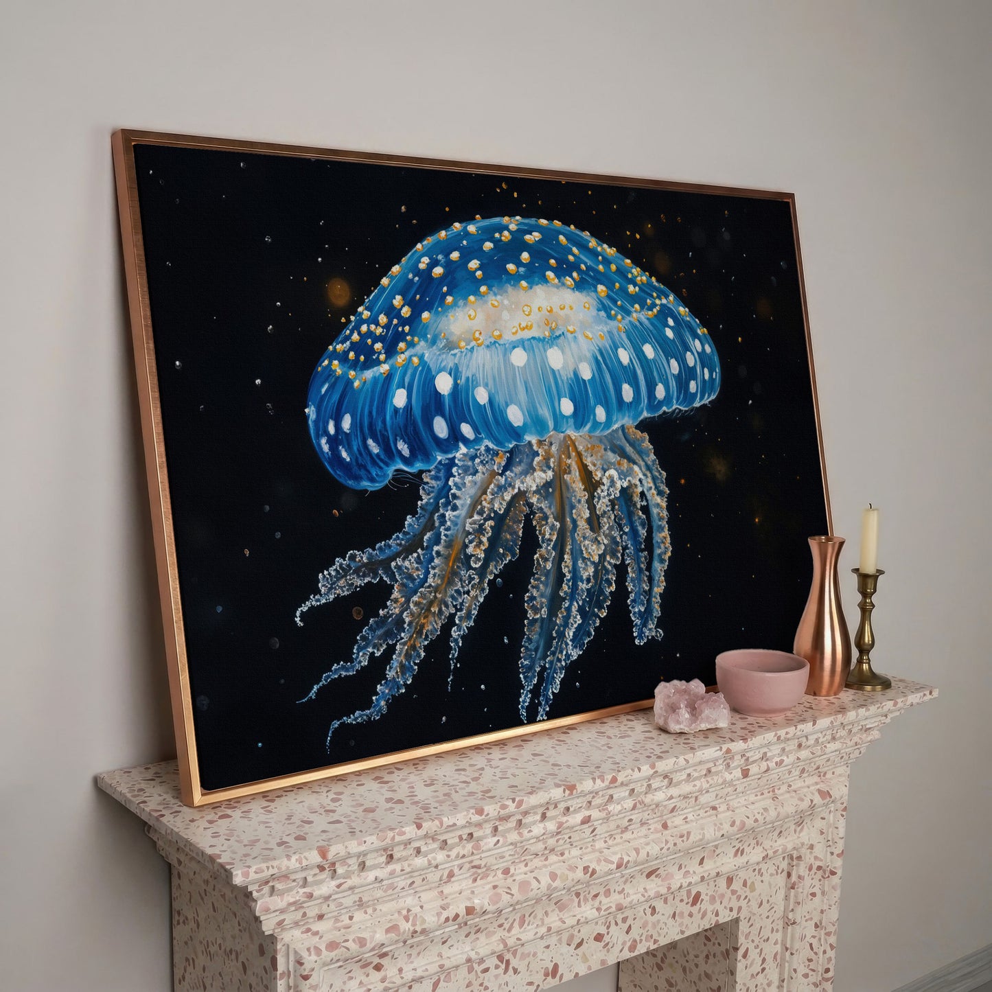 Blue Jellyfish Canvas Print with Drifting Tentacles in rose gold floating frame