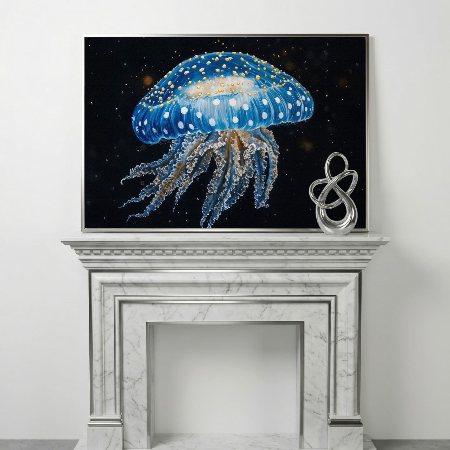 Blue Jellyfish Canvas Print with Drifting Tentacles in silver floating frame