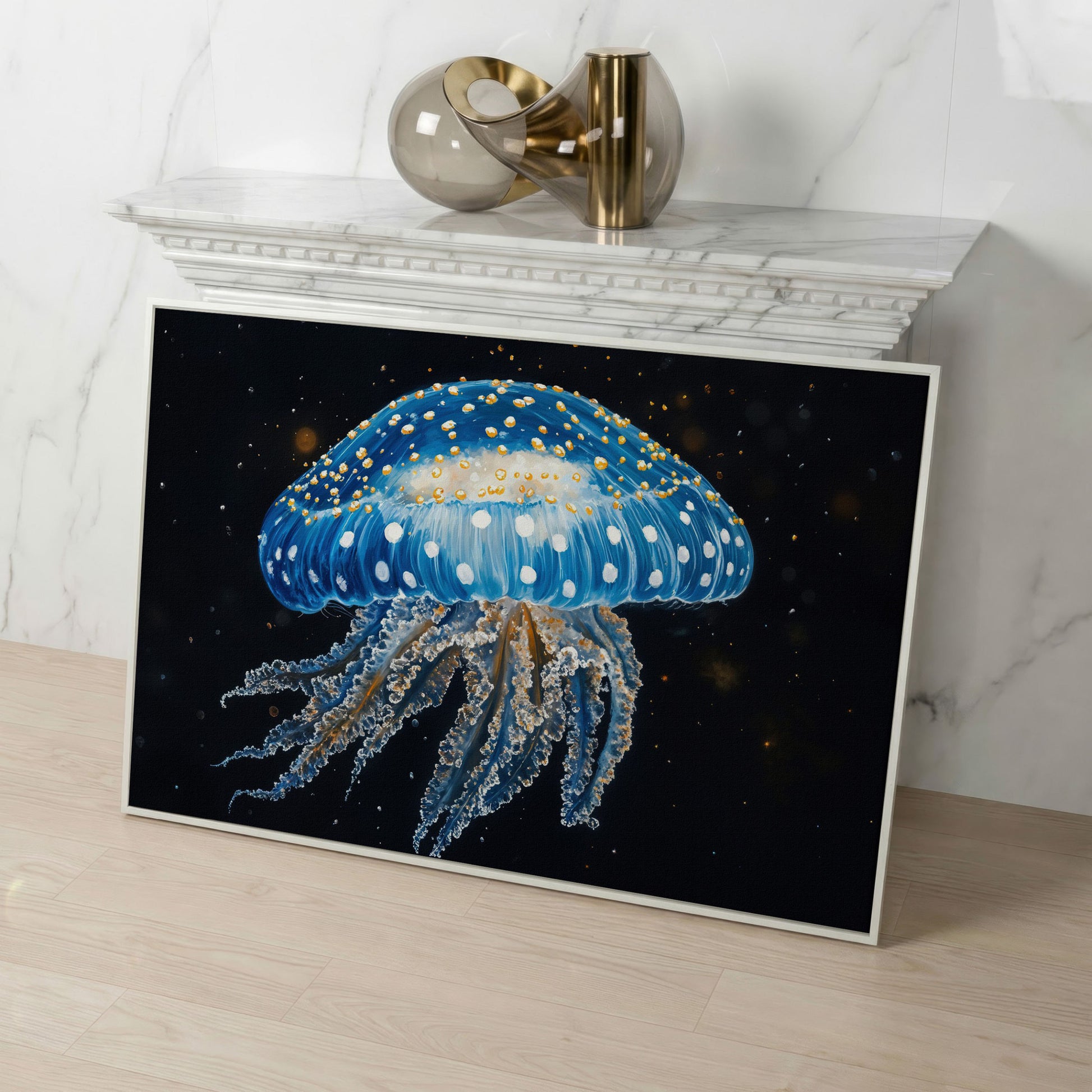 Blue Jellyfish Canvas Print with Drifting Tentacles in white floating frame