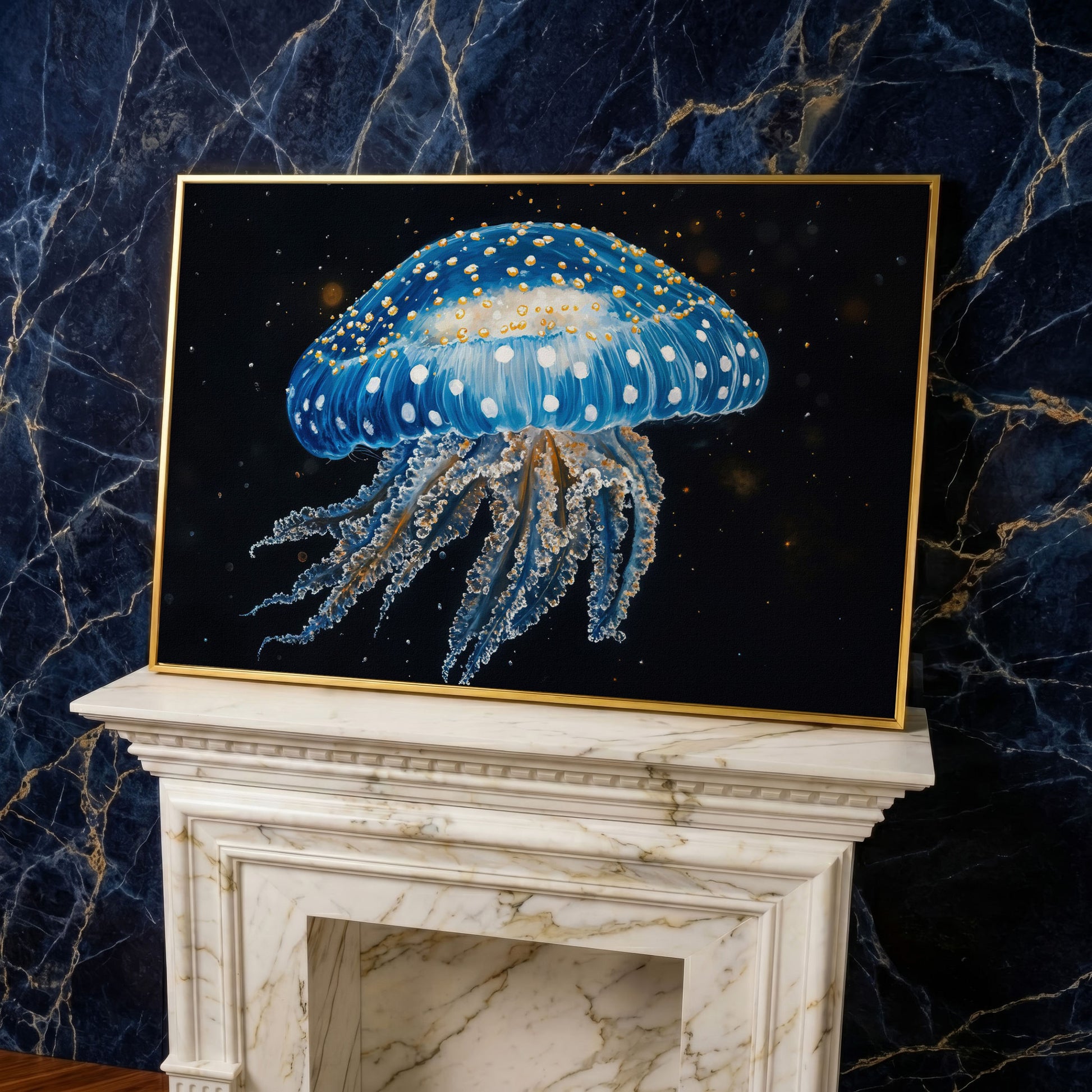 Blue Jellyfish Canvas Print with Drifting Tentacles in yellow gold floating frame