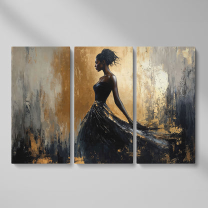 Elegant Black Woman in Dress Canvas Print as 3-panel split version