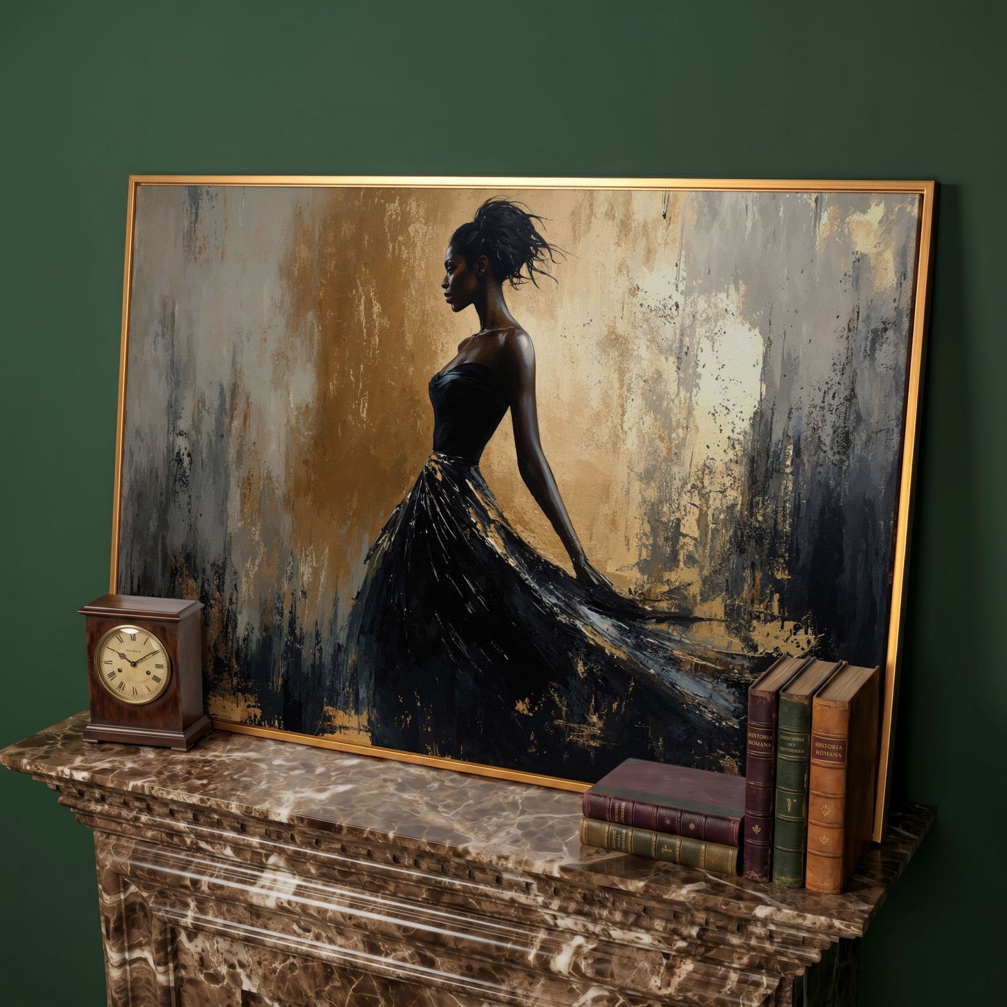 Elegant Black Woman in Dress Canvas Print in antique gold floating frame