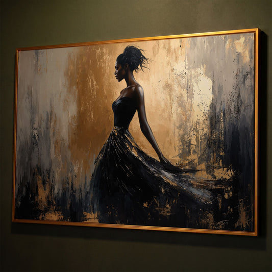 Elegant Black Woman in Dress Canvas Print shown in antique gold floating frame