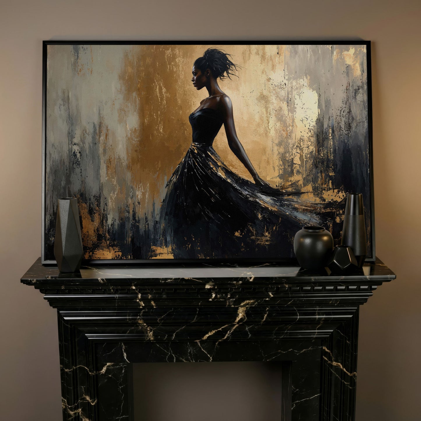 Elegant Black Woman in Dress Canvas Print in black floating frame