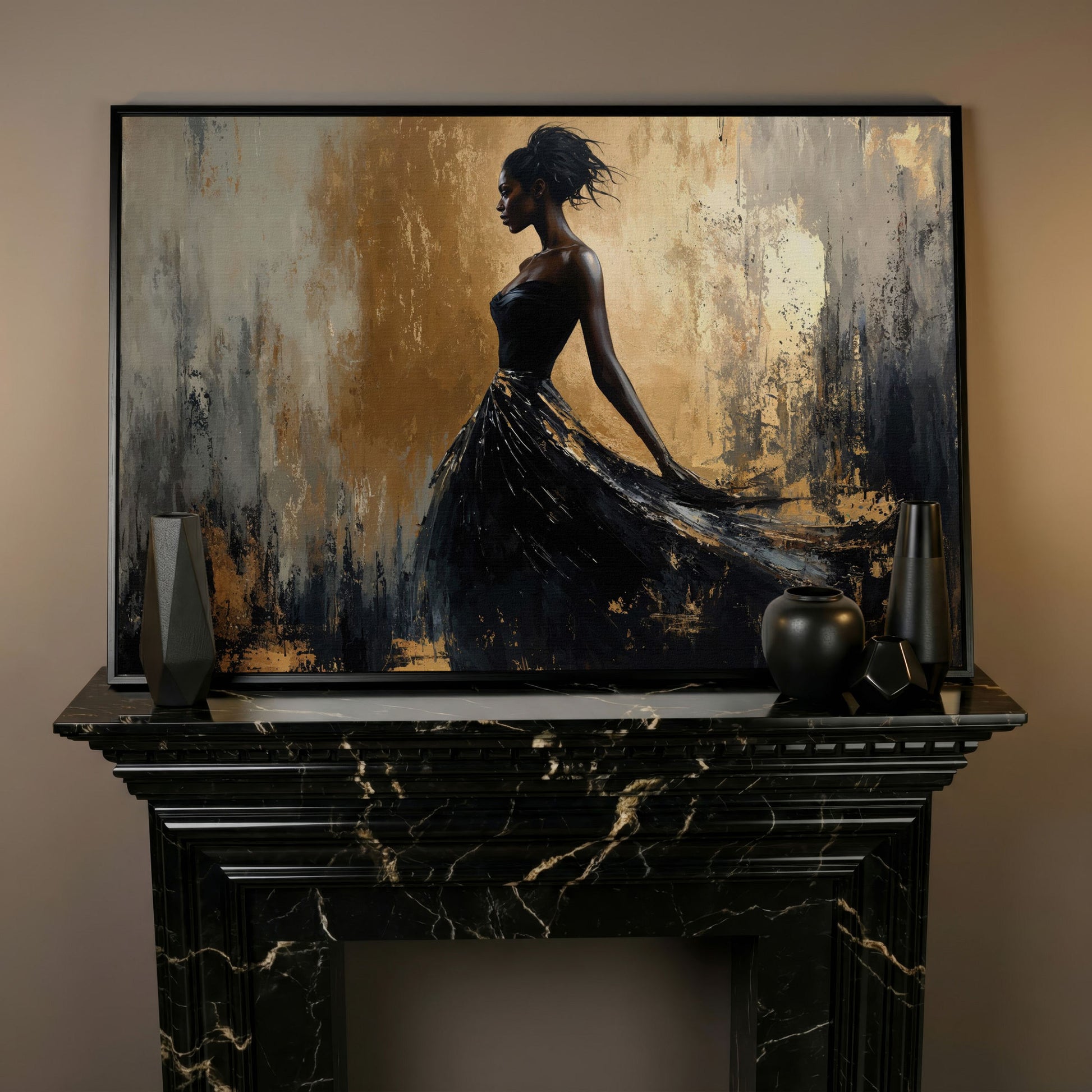 Elegant Black Woman in Dress Canvas Print in black floating frame