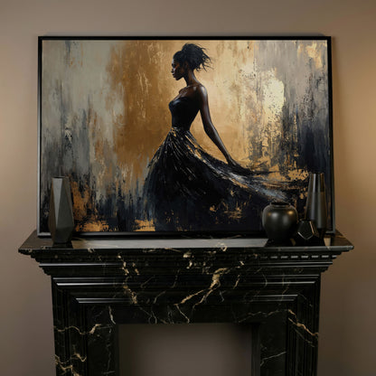 Elegant Black Woman in Dress Canvas Print in black floating frame