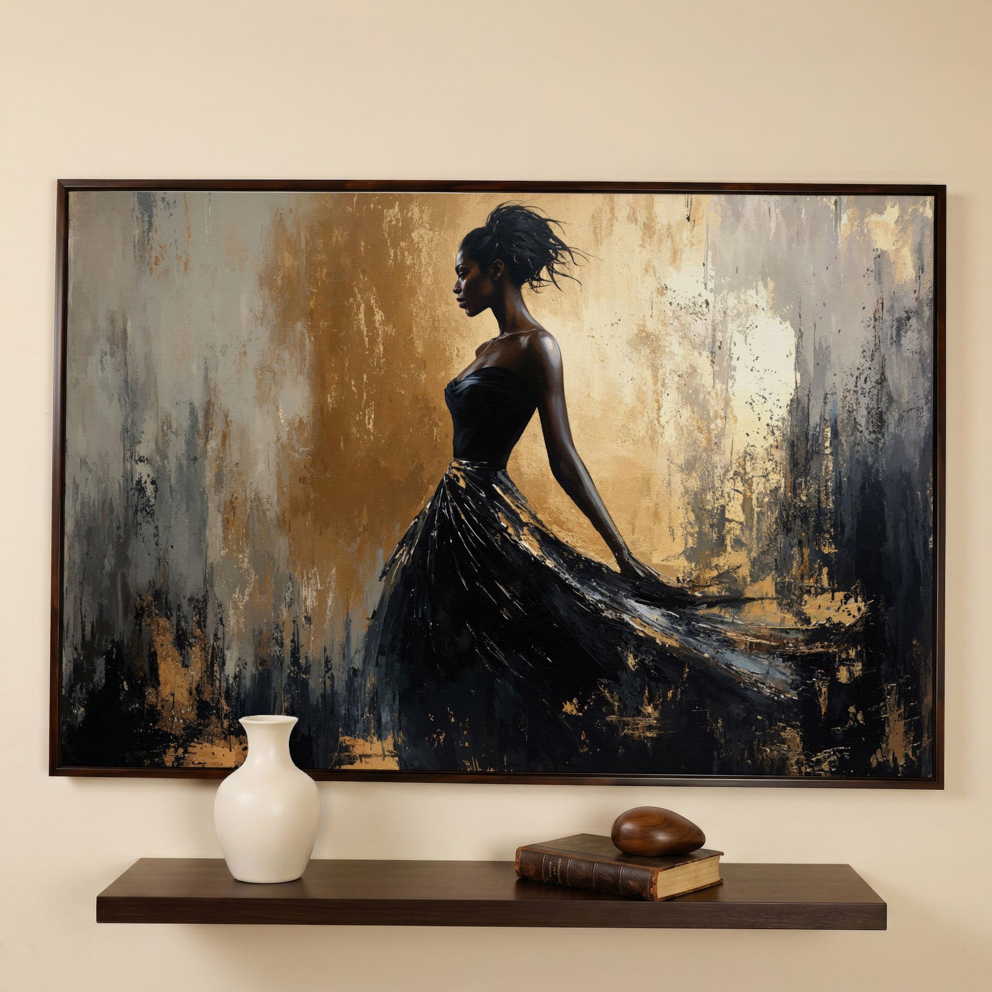 Elegant Black Woman in Dress Canvas Print in dark walnut floating frame
