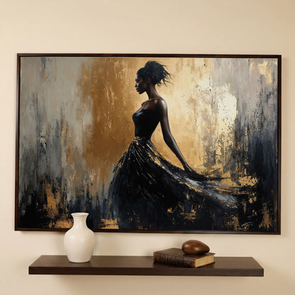 Elegant Black Woman in Dress Canvas Print in dark walnut floating frame