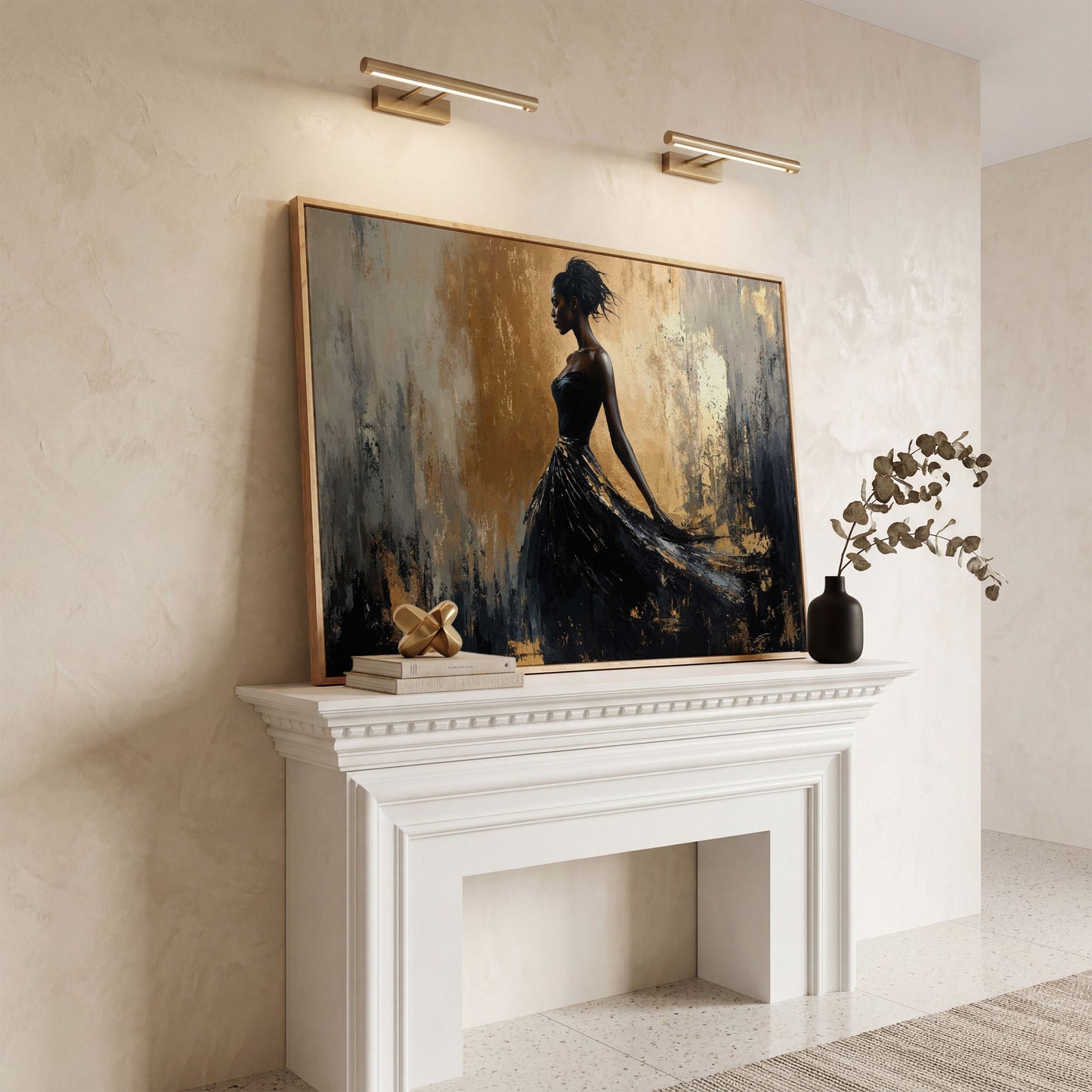 Elegant Black Woman in Dress Canvas Print in white oak floating frame
