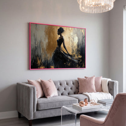 Elegant Black Woman in Dress Canvas Print in pink floating frame