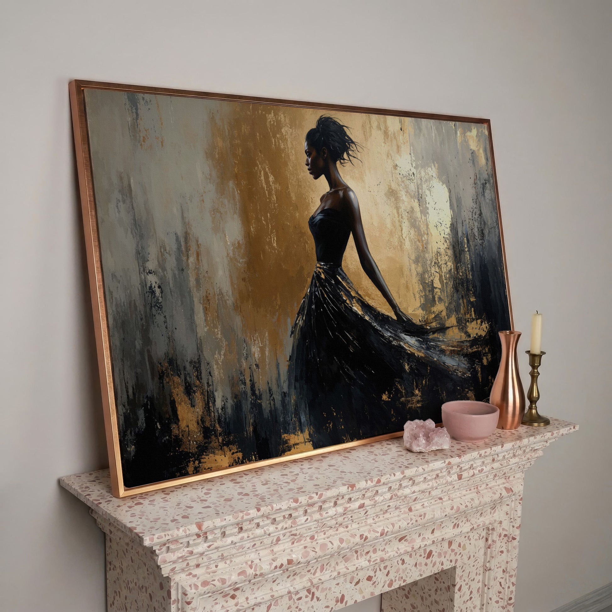 Elegant Black Woman in Dress Canvas Print in rose gold floating frame