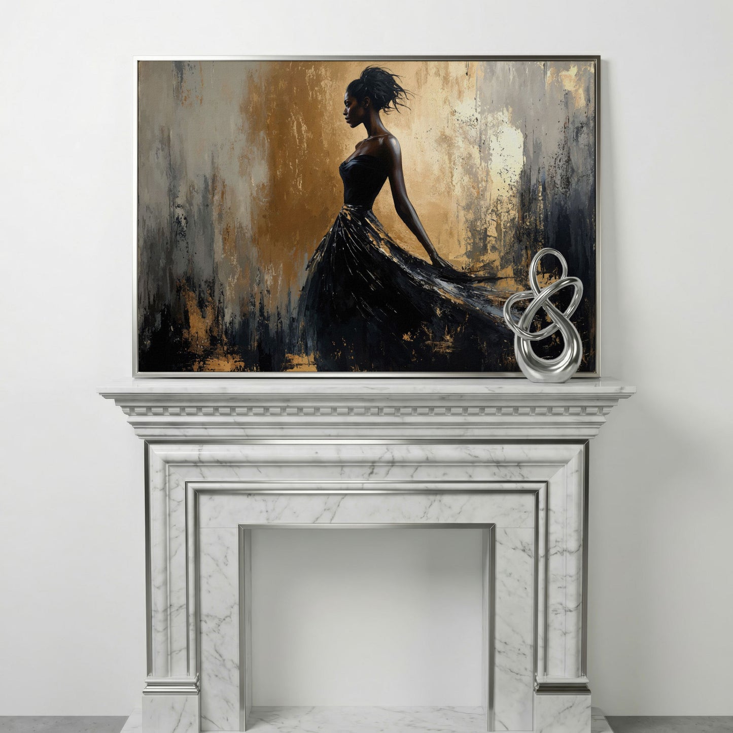 Elegant Black Woman in Dress Canvas Print in silver floating frame