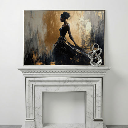 Elegant Black Woman in Dress Canvas Print in silver floating frame