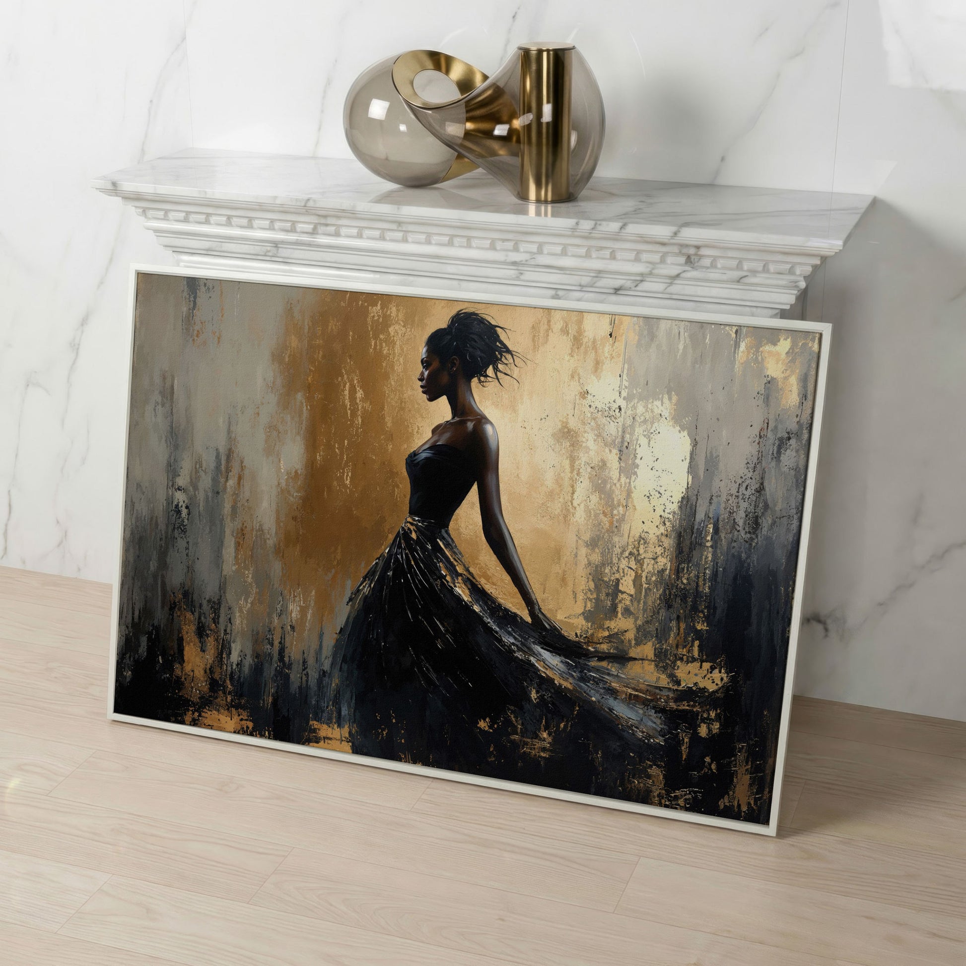 Elegant Black Woman in Dress Canvas Print in white floating frame