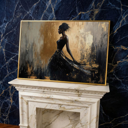 Elegant Black Woman in Dress Canvas Print in yellow gold floating frame
