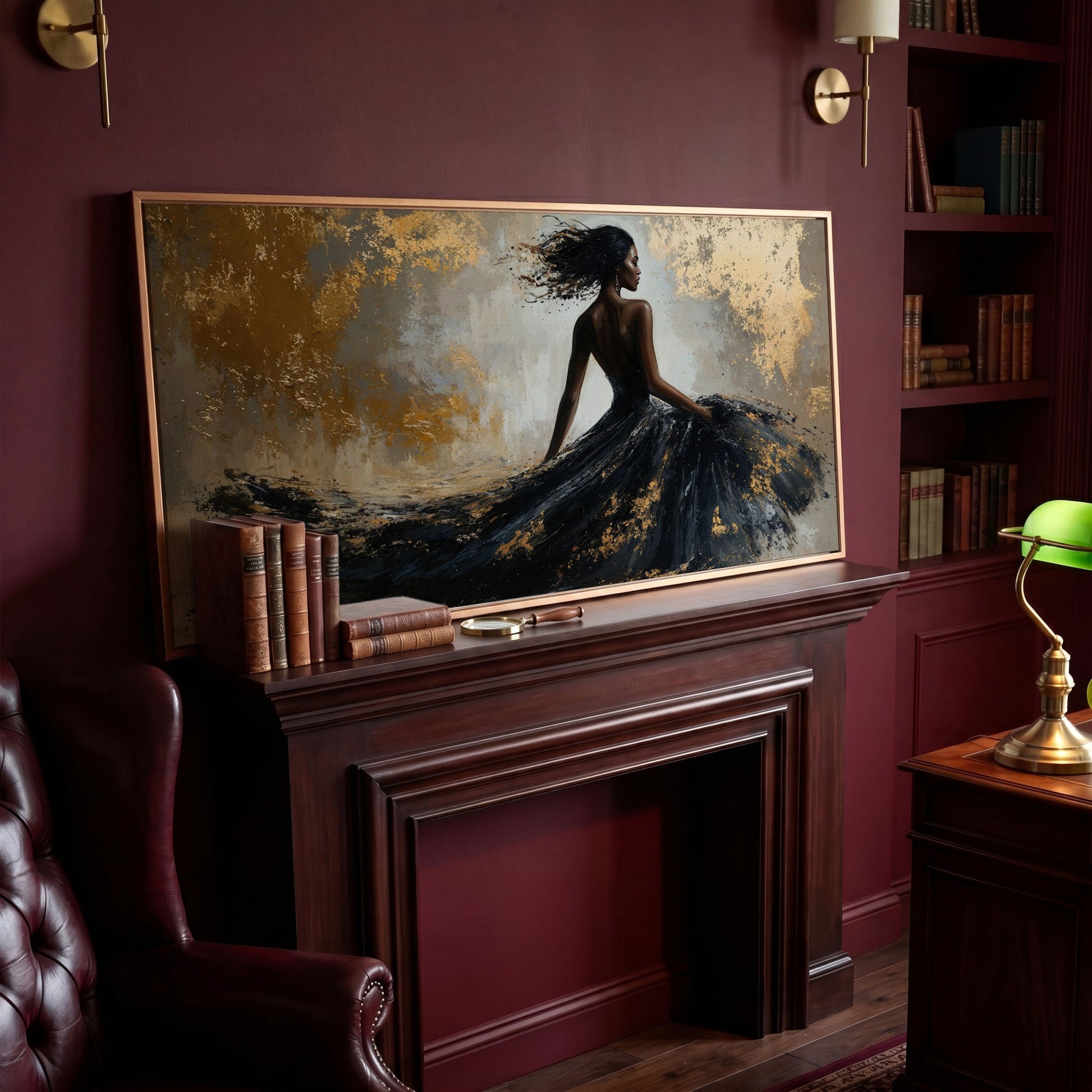Abstract Black Dress Canvas Print in antique gold floating frame