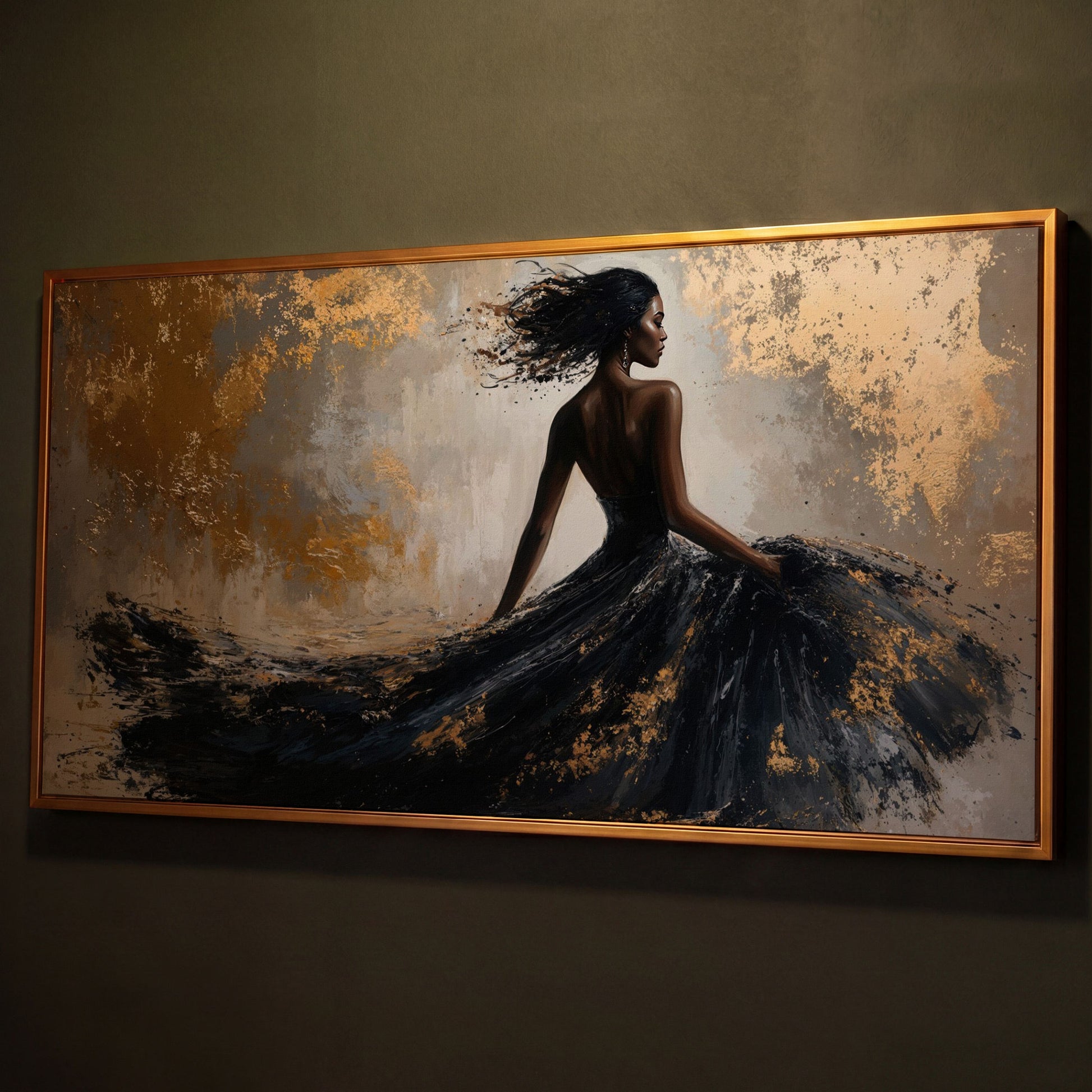 Abstract Black Dress Canvas Print shown in antique gold floating frame