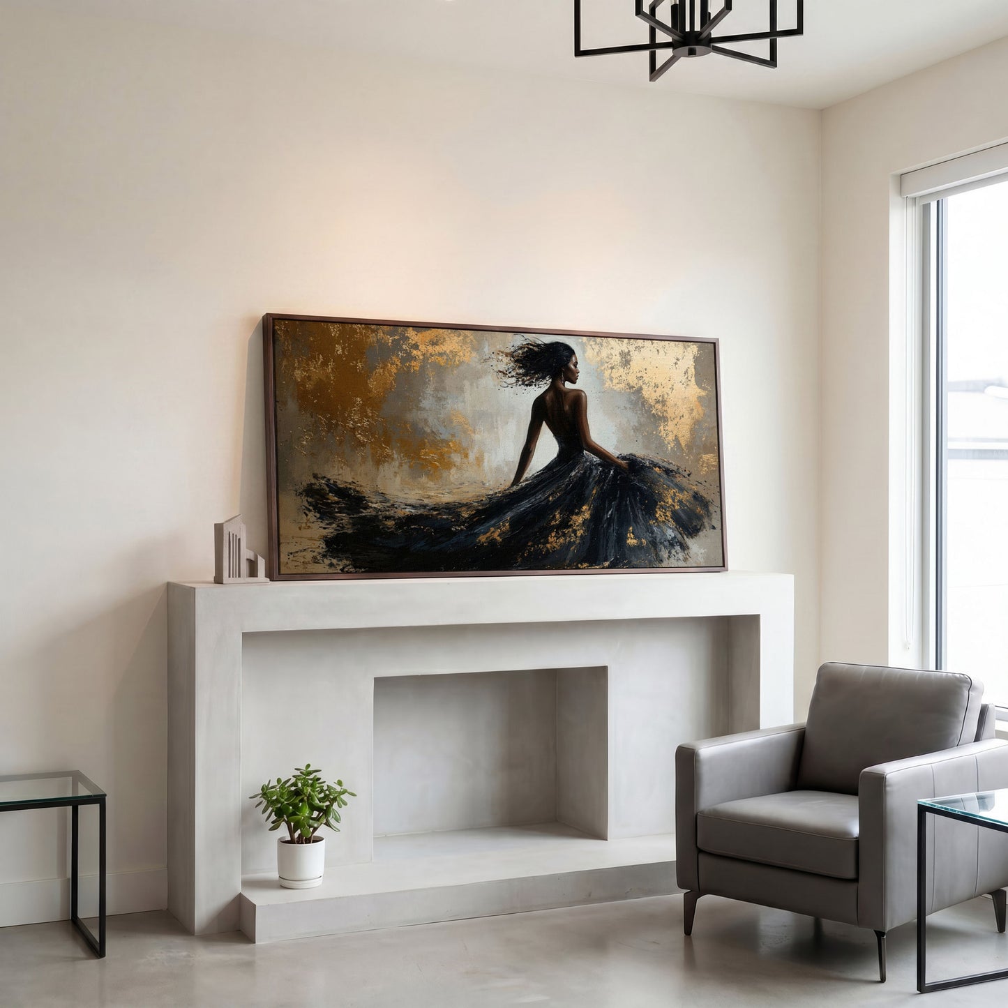 Abstract Black Dress Canvas Print in dark walnut floating frame
