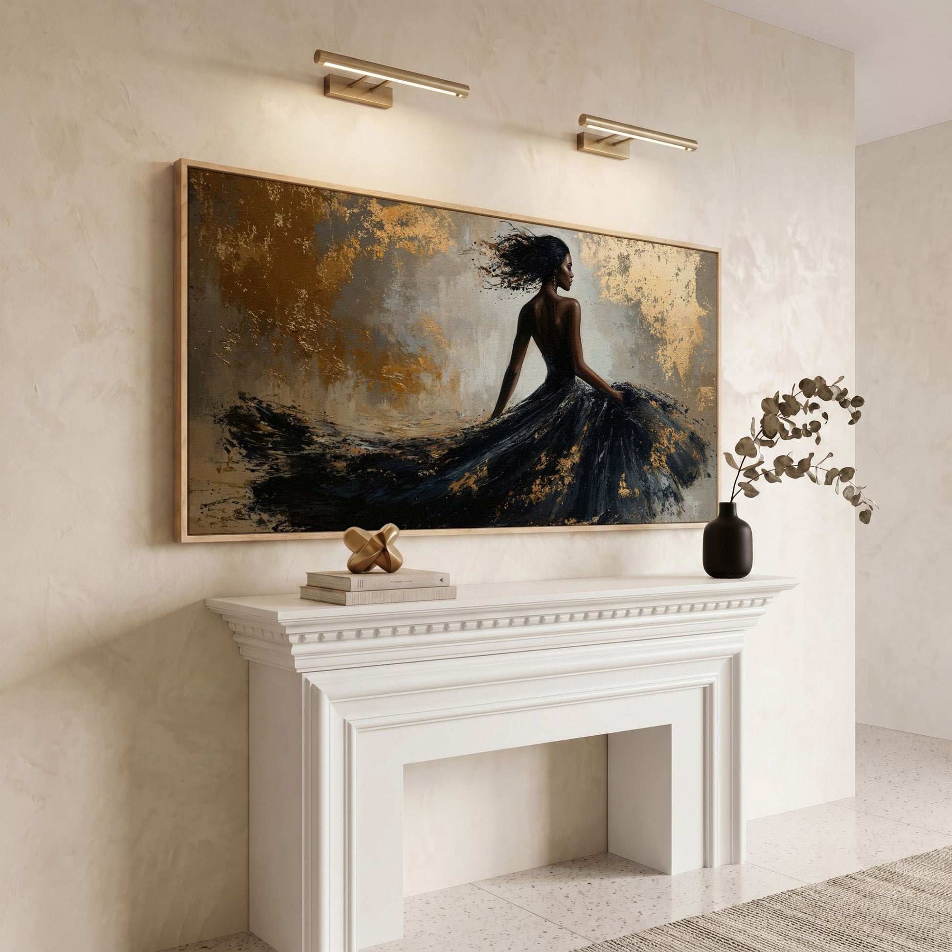 Abstract Black Dress Canvas Print in white oak floating frame