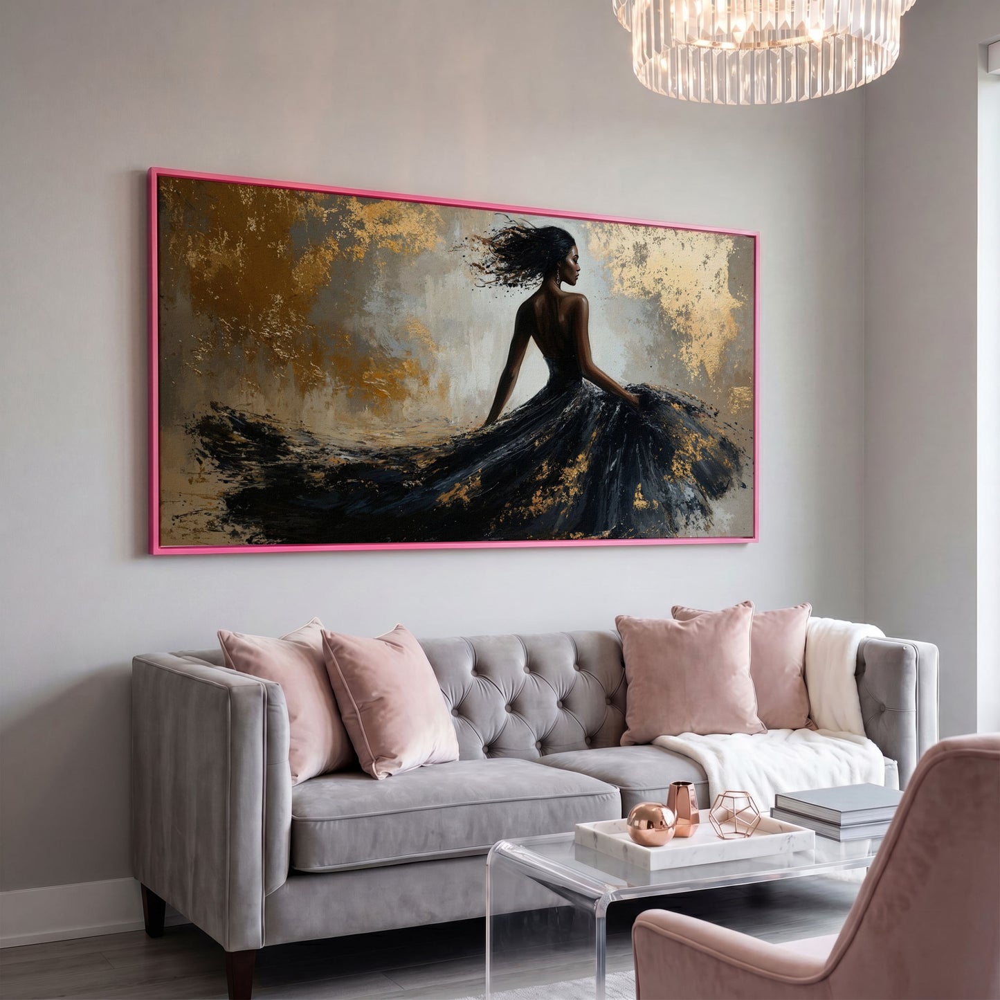 Abstract Black Dress Canvas Print in pink floating frame