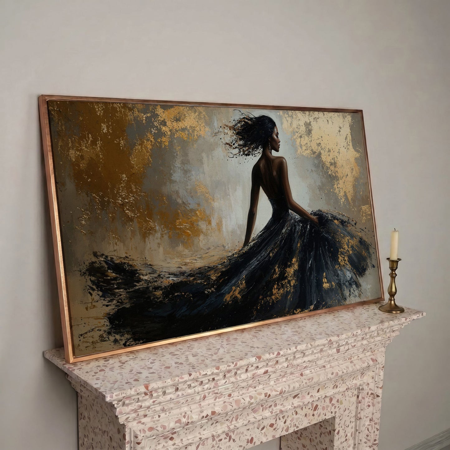 Abstract Black Dress Canvas Print in rose gold floating frame