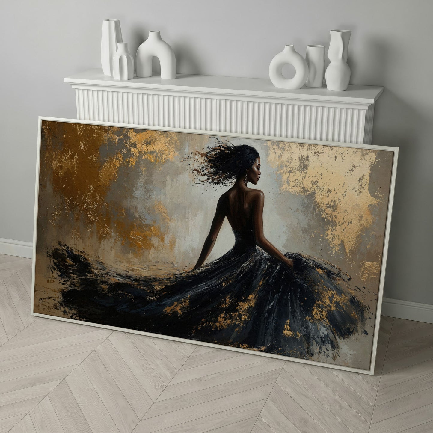 Abstract Black Dress Canvas Print in white floating frame