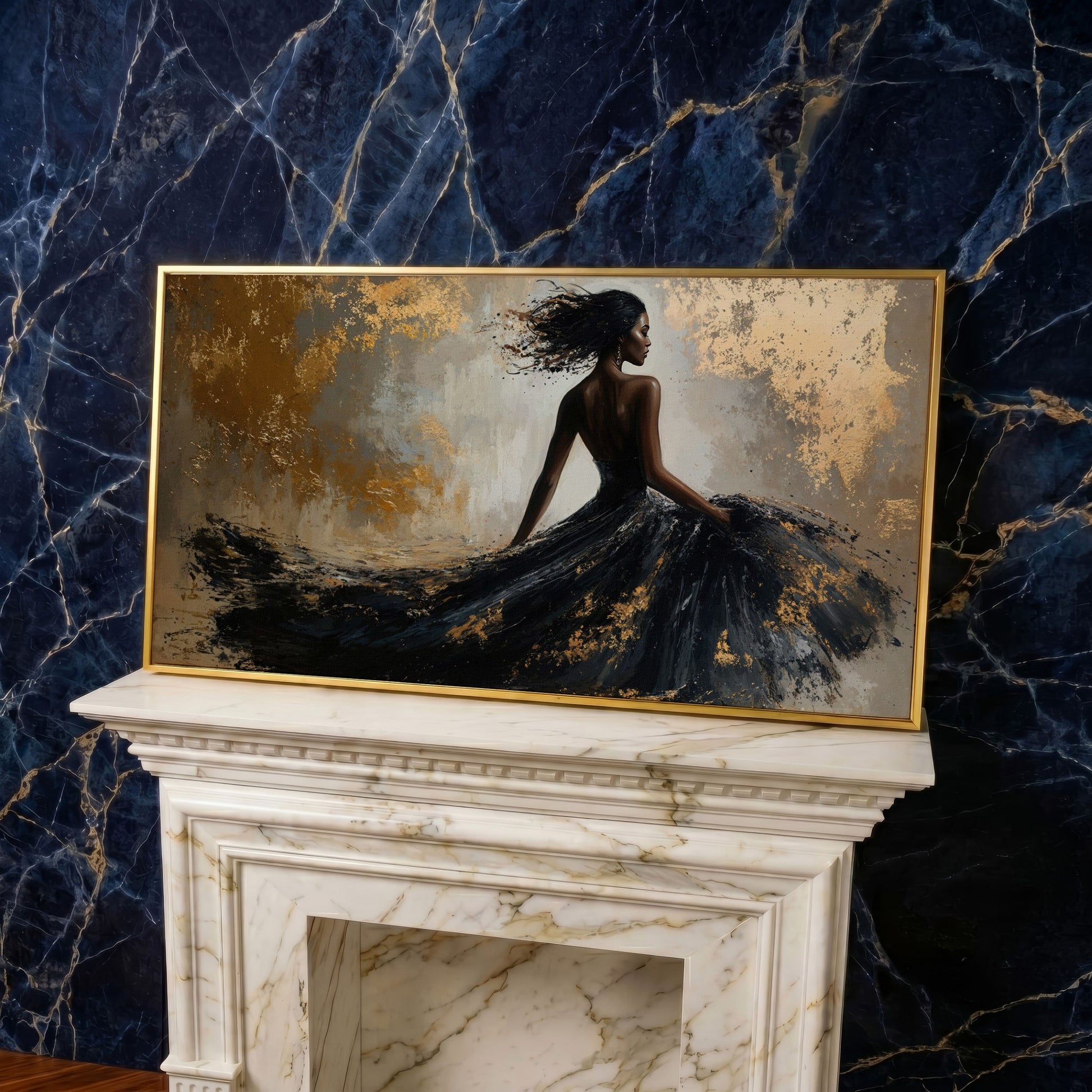 Abstract Black Dress Canvas Print in yellow gold floating frame