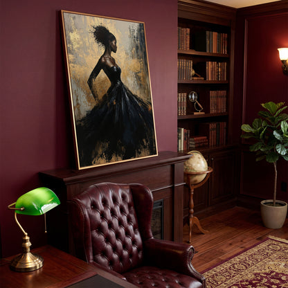 Elegant Woman in Dress Canvas Print, Black and Gold in antique gold floating frame