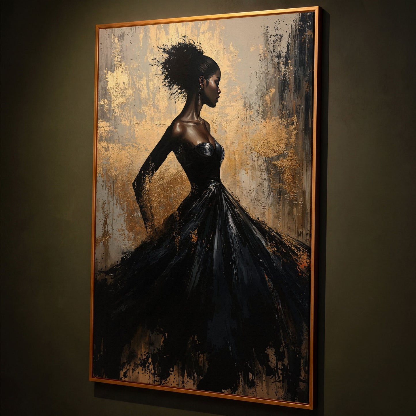 Elegant Woman in Dress Canvas Print, Black and Gold shown in antique gold floating frame