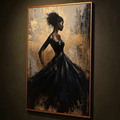 Elegant Woman in Dress Canvas Print, Black and Gold shown in antique gold floating frame