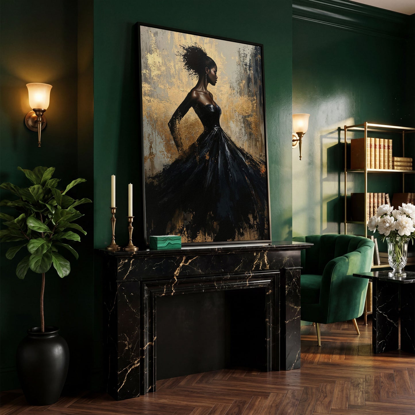 Elegant Woman in Dress Canvas Print, Black and Gold in black floating frame