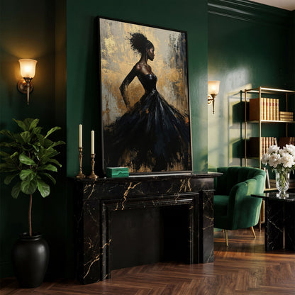 Elegant Woman in Dress Canvas Print, Black and Gold in black floating frame