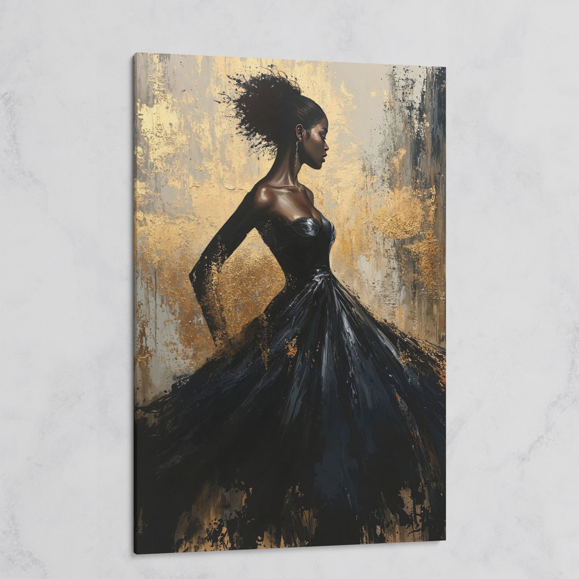 Elegant Woman in Dress Canvas Print, Black and Gold on gallery wrap