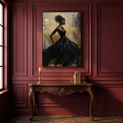 Elegant Woman in Dress Canvas Print, Black and Gold in dark walnut floating frame