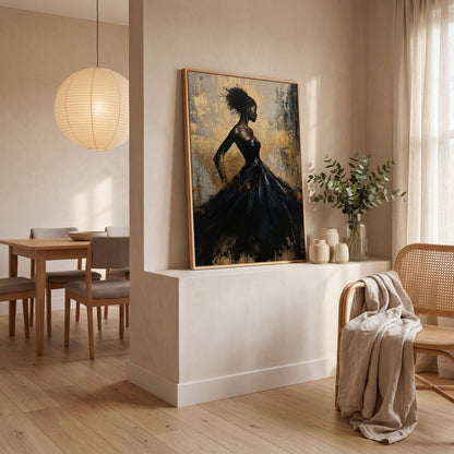 Elegant Woman in Dress Canvas Print, Black and Gold in white oak floating frame