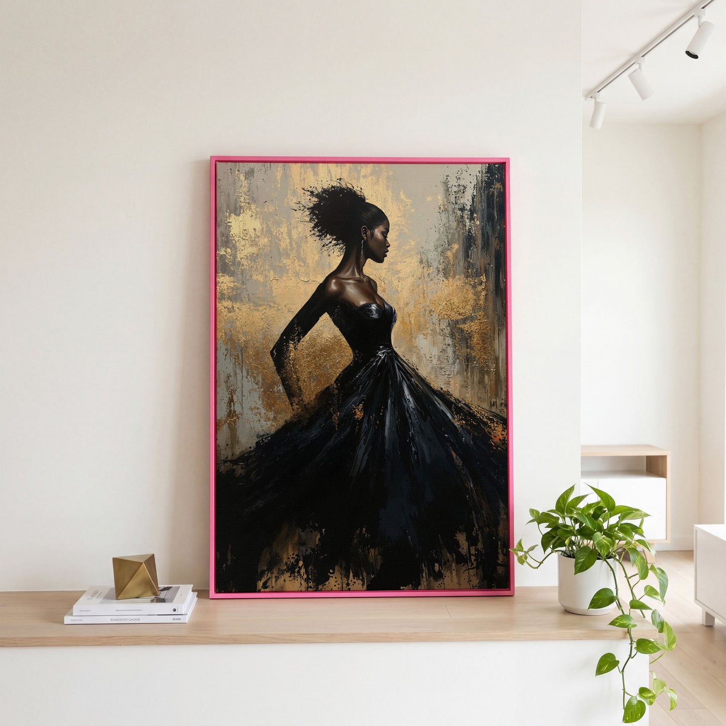 Elegant Woman in Dress Canvas Print, Black and Gold in pink floating frame