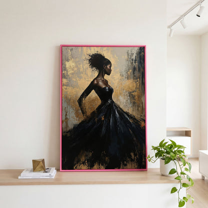 Elegant Woman in Dress Canvas Print, Black and Gold in pink floating frame