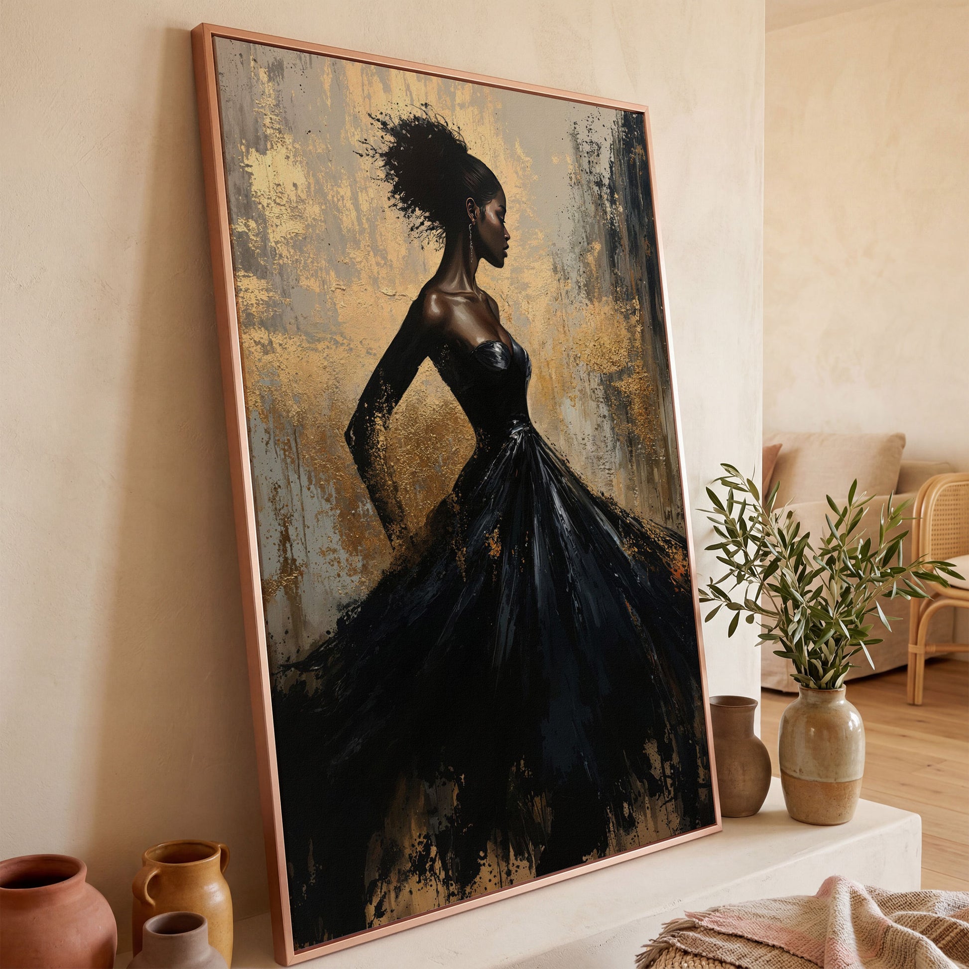 Elegant Woman in Dress Canvas Print, Black and Gold in rose gold floating frame
