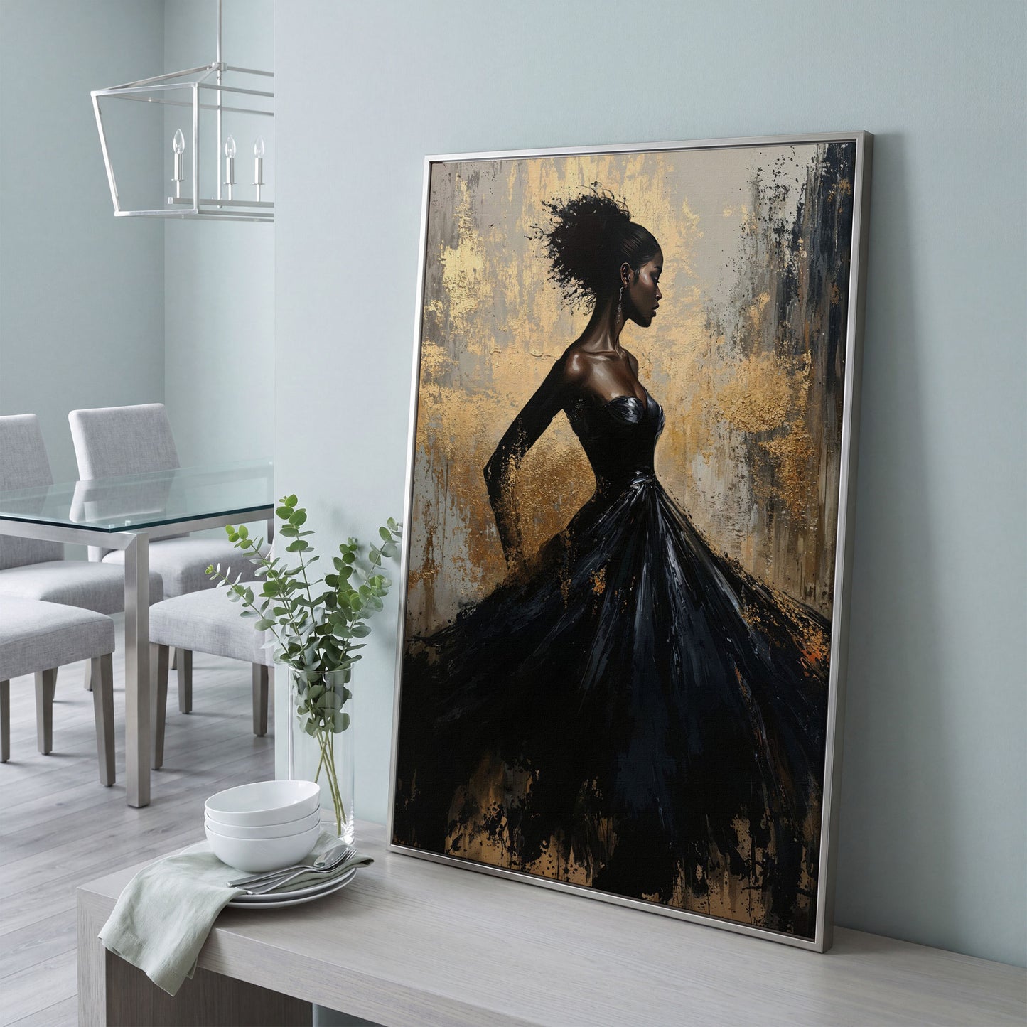 Elegant Woman in Dress Canvas Print, Black and Gold in silver floating frame